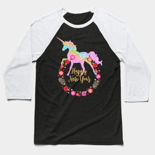 Rainbow Unicorn New Year Holiday Wreath Baseball T-Shirt